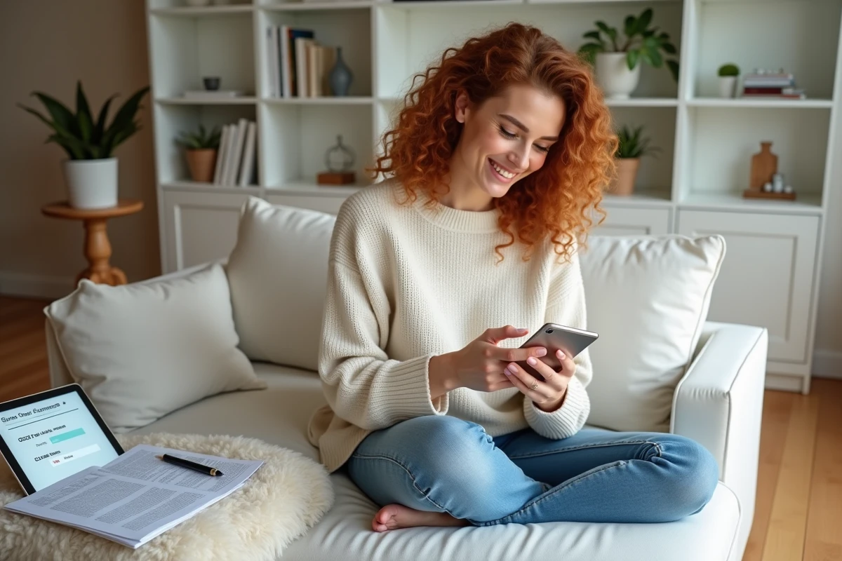 Jeune femme simulant le calcul de la CSP sur son salaire brut depuis son smartphone à domicile
