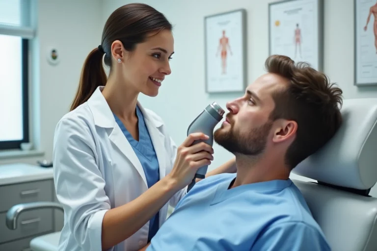 Spécialiste en laserthérapie appliquant un dispositif laser sur l'oreille d'un patient pour traiter une addiction selon la méthode MC77