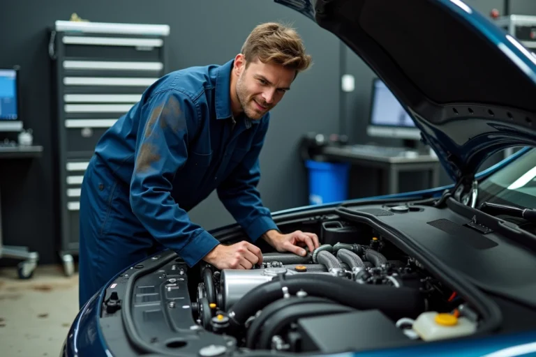 Technicien automobile inspectant le moteur d'une voiture lors d'une préparation stage 1 dans un atelier de tuning professionnel