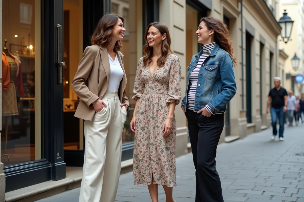 Trois femmes aux morphologies diverses portant des tenues mode tendance devant une boutique parisienne, inspiration mode inclusive