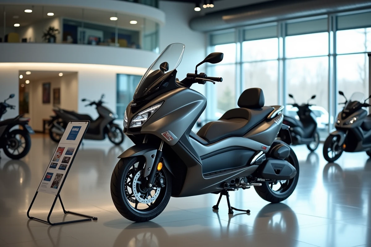 Yamaha TMax 750 exposé dans une concession moto avec étiquette de prix