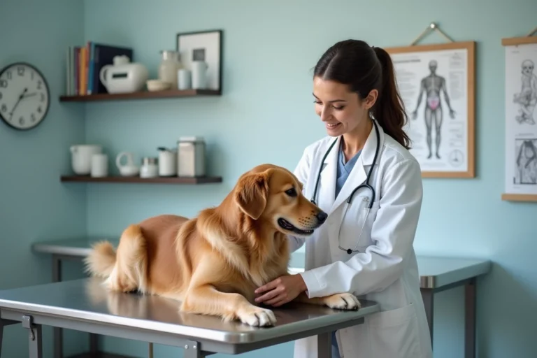 Vétérinaire femme examinant un retriever en clinique