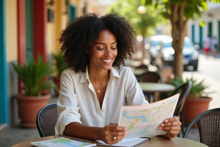 Voyageuse consultant une carte et un carnet à Port Louis, île Maurice, pour se repérer grâce aux codes postaux