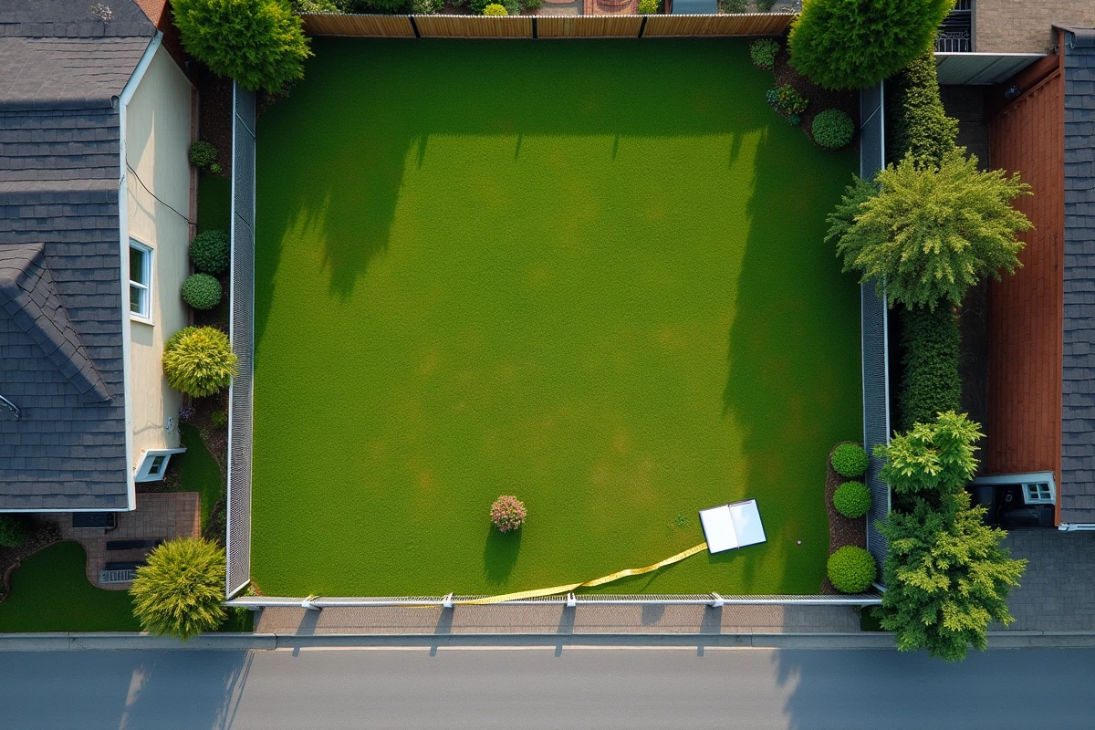 Vue aérienne d'un terrain résidentiel de 6 ares délimité par une clôture avec un mètre ruban posé sur l'herbe pour illustrer la superficie de 600 m²
