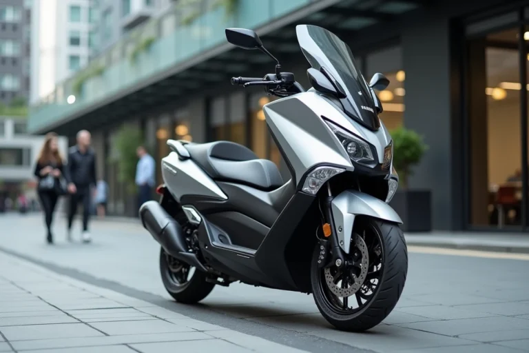 Yamaha TMax 750 garé en ville, vue trois quarts avant sur fond urbain moderne