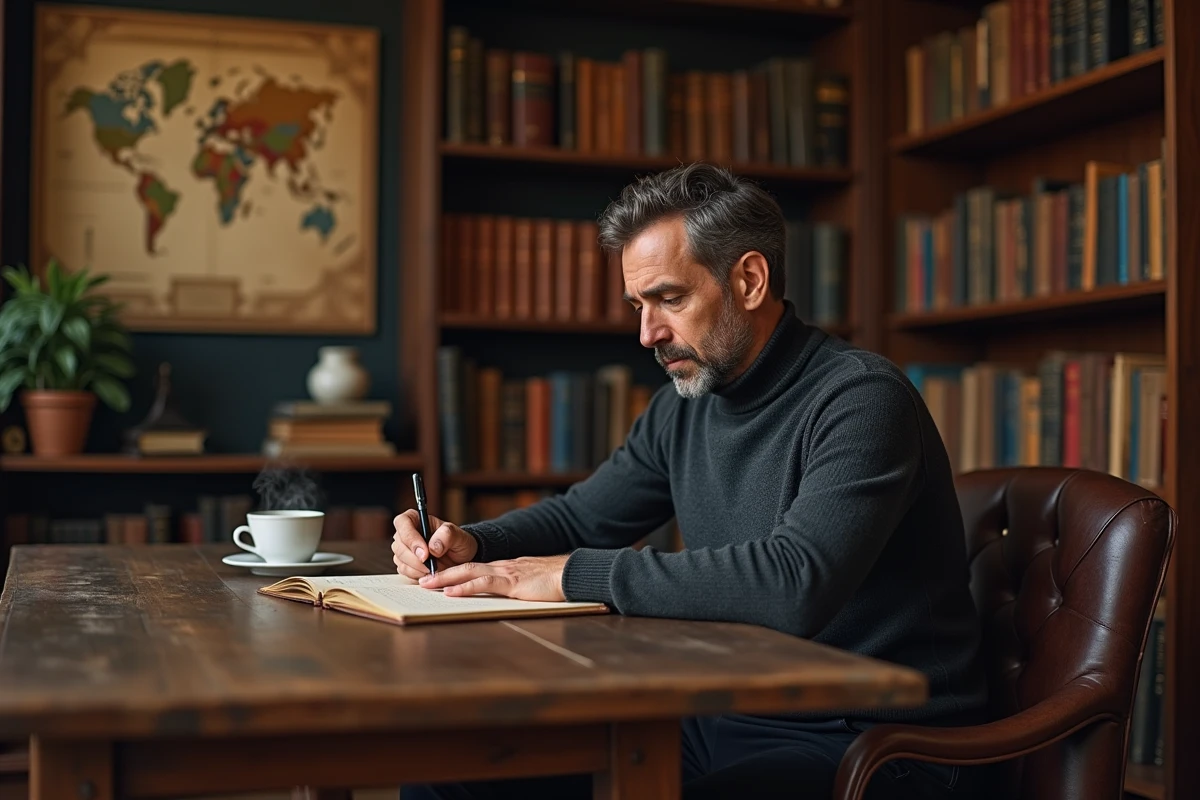 Portrait d'un homme inspirant écrivant dans un carnet dans une bibliothèque intime, évoquant la réflexion et le destin d'un parcours extraordinaire