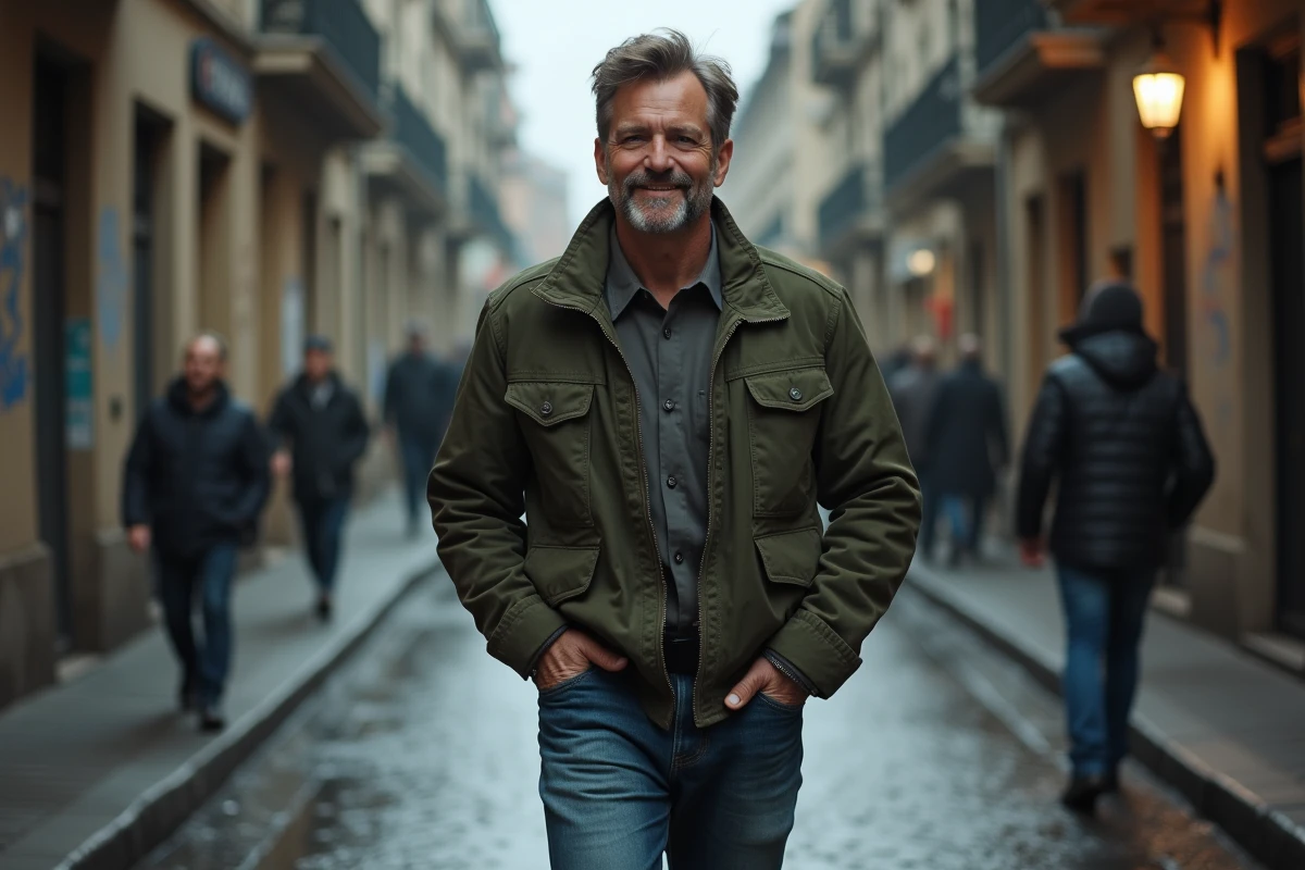 Homme au parcours hors du commun marchant avec détermination dans une rue urbaine pavée sous la pluie, portrait documentaire inspirant